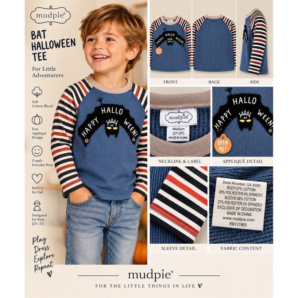 Mud Pie Kids Bat Halloween Tee Blue Striped Raglan Waffle Knit 2T-3T 15100140B-M